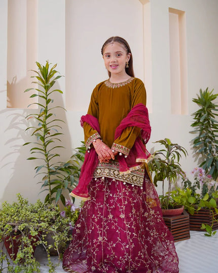 Shanzey | Girls Olive Embroidered Lehenga