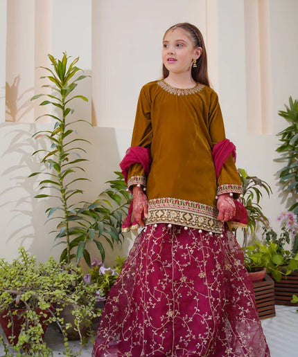 Shanzey | Girls Olive Embroidered Lehenga