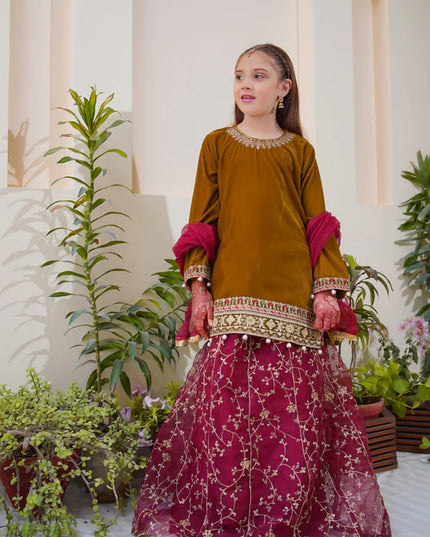 Shanzey | Girls Olive Embroidered Lehenga