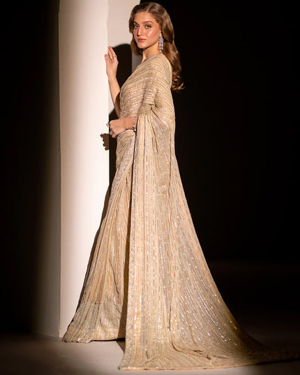 Luna | Beige Embroidered Embellished Chiffon Saree