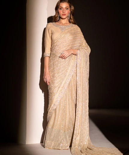 Luna | Beige Embroidered Embellished Chiffon Saree