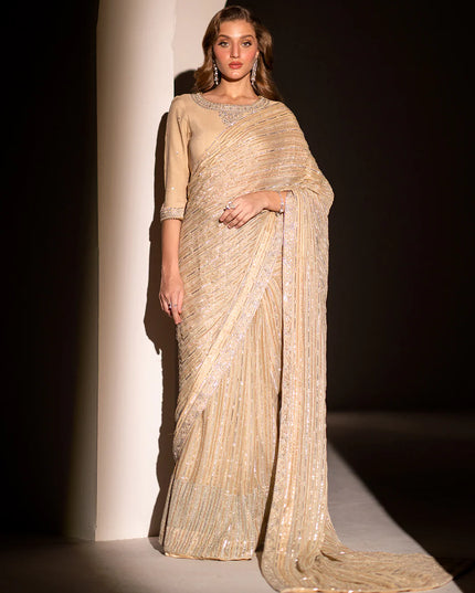 Luna | Beige Embroidered Embellished Chiffon Saree