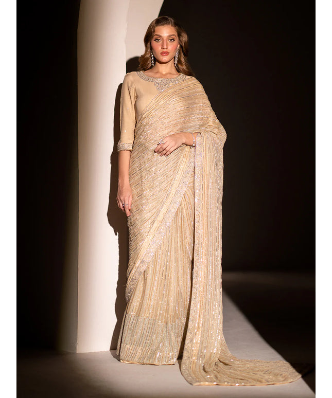 Luna | Beige Embroidered Embellished Chiffon Saree