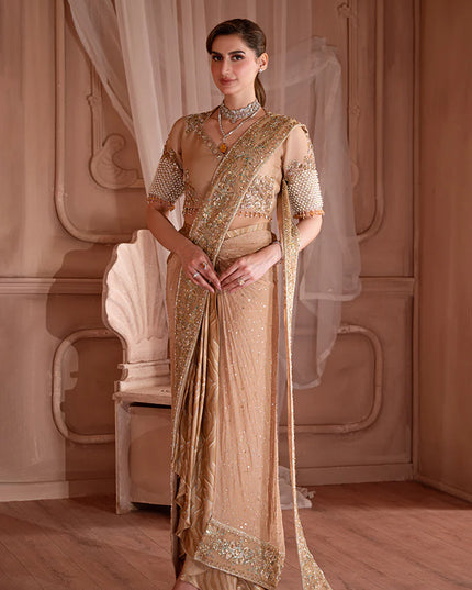 Soleil | Dull Gold Organza Embellished Silk Drape Saree