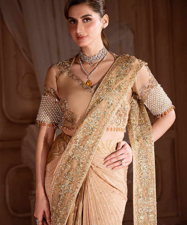 Soleil | Dull Gold Organza Embellished Silk Drape Saree