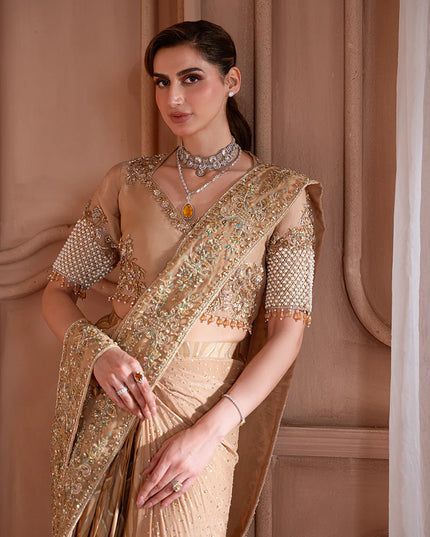 Soleil | Dull Gold Organza Embellished Silk Drape Saree