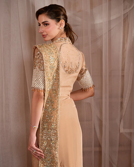 Soleil | Dull Gold Organza Embellished Silk Drape Saree