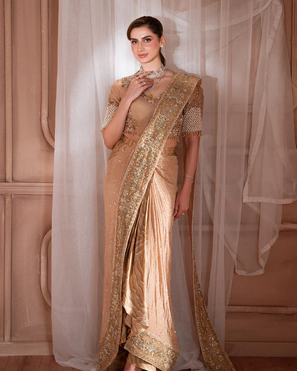Soleil | Dull Gold Organza Embellished Silk Drape Saree