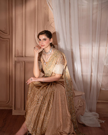 Soleil | Dull Gold Organza Embellished Silk Drape Saree