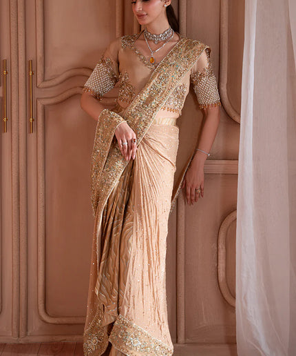 Soleil | Dull Gold Organza Embellished Silk Drape Saree