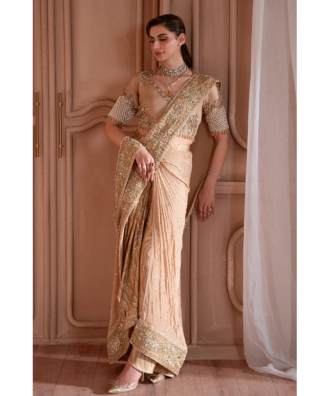 Soleil | Dull Gold Organza Embellished Silk Drape Saree