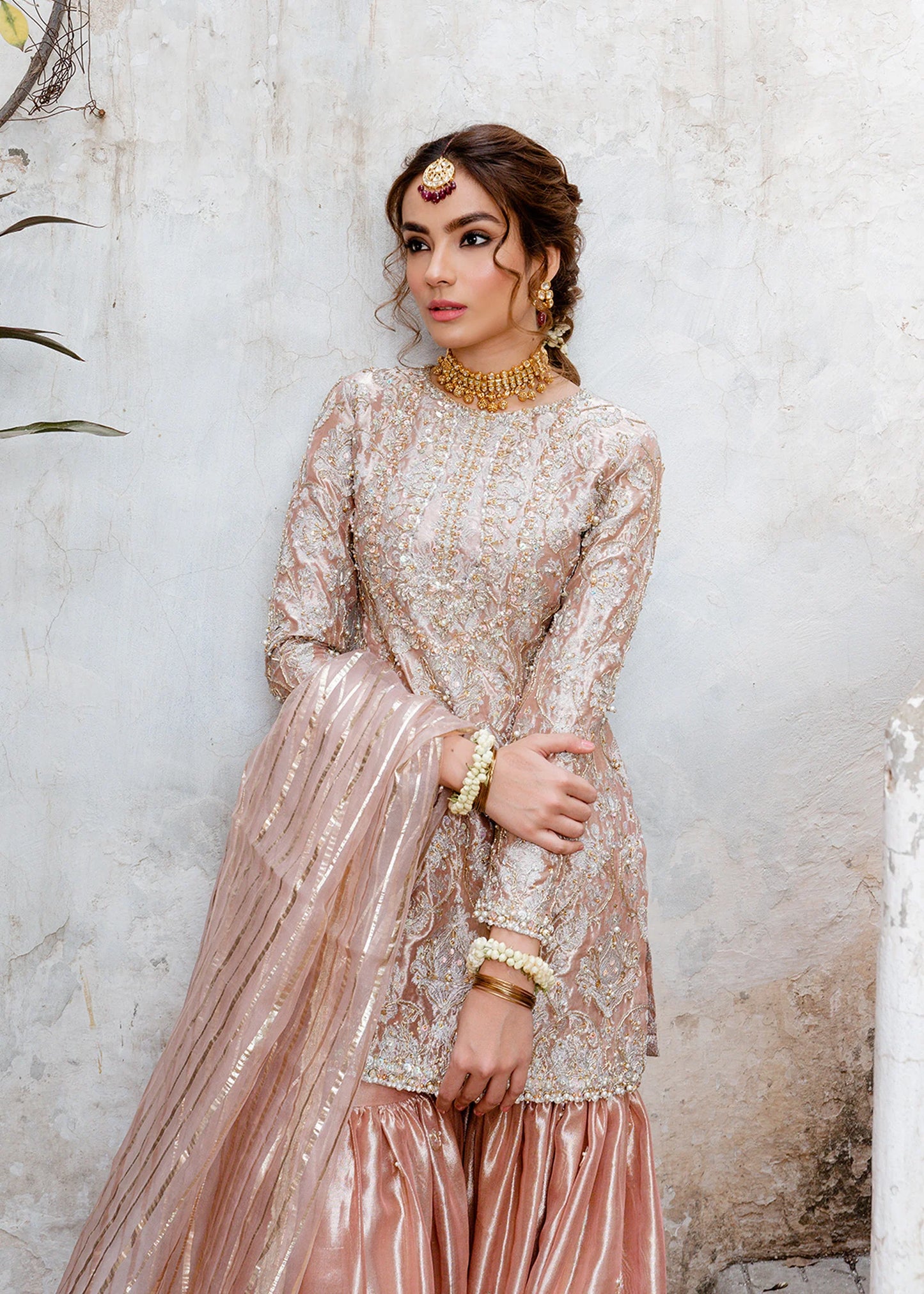 Safa | Light Pink Pure Tissue Hand Embellished Gharara
