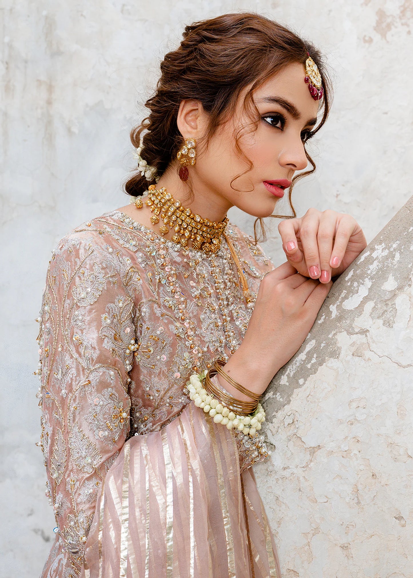 Safa | Light Pink Pure Tissue Hand Embellished Gharara
