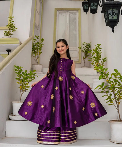 Samsar | Girls Purple Raw Silk Kalidar Frock