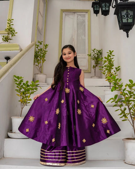 Samsar | Girls Purple Raw Silk Kalidar Frock