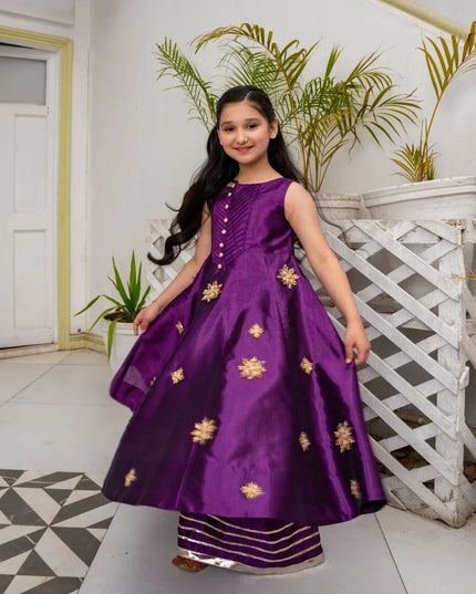 Samsar | Girls Purple Raw Silk Kalidar Frock