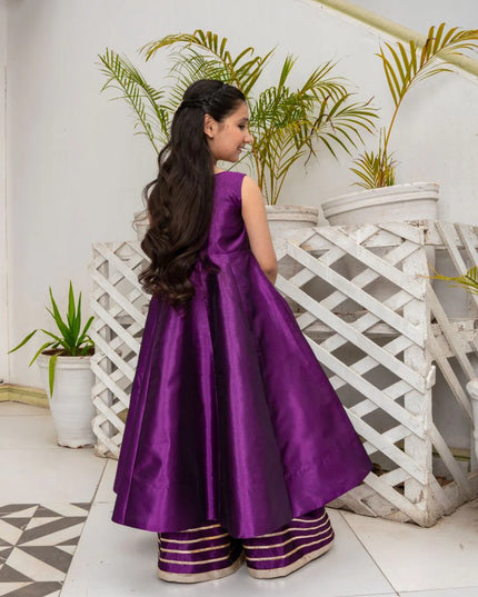 Samsar | Girls Purple Raw Silk Kalidar Frock