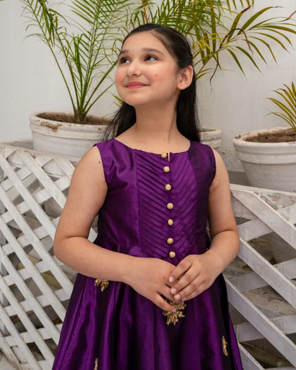 Samsar | Girls Purple Raw Silk Kalidar Frock