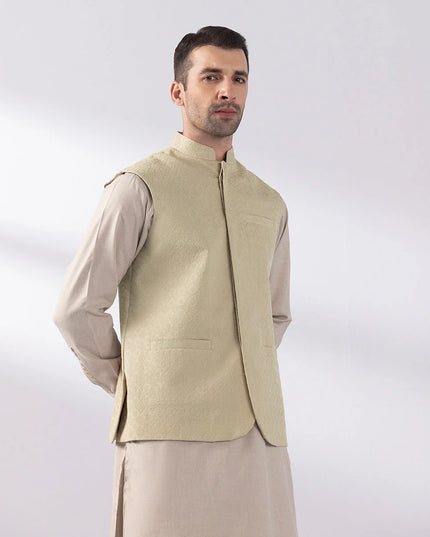 Beige Schiffli Embroidered Waistcoat