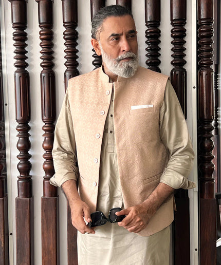 Beige Schiffli Embroidered Waistcoat