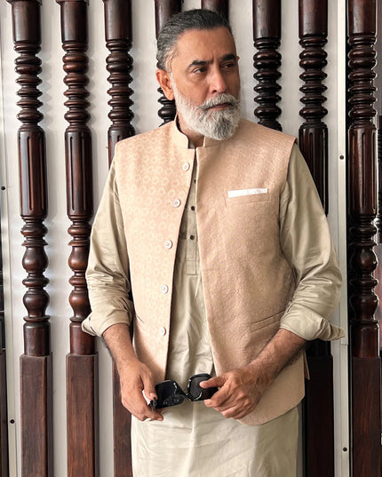 Beige Schiffli Embroidered Waistcoat