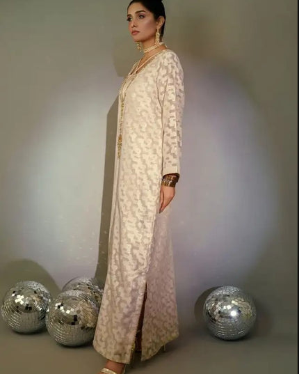Minutiae | Off White Embroidered Jacquard Net Kaftan