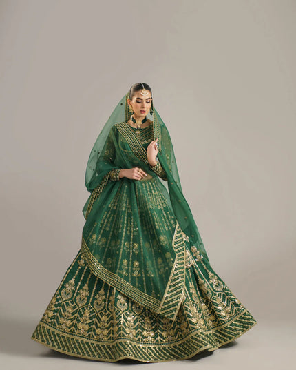 Shahul | Green Organza Embroidered Hand Embellished Lehenga