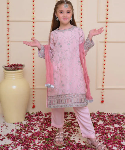 Sana | Girls Pastel Pink Organza Embroidered Suit