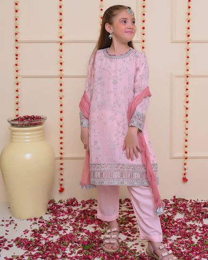 Sana | Girls Pastel Pink Organza Embroidered Suit