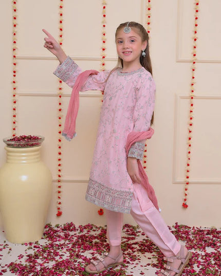 Sana | Girls Pastel Pink Organza Embroidered Suit