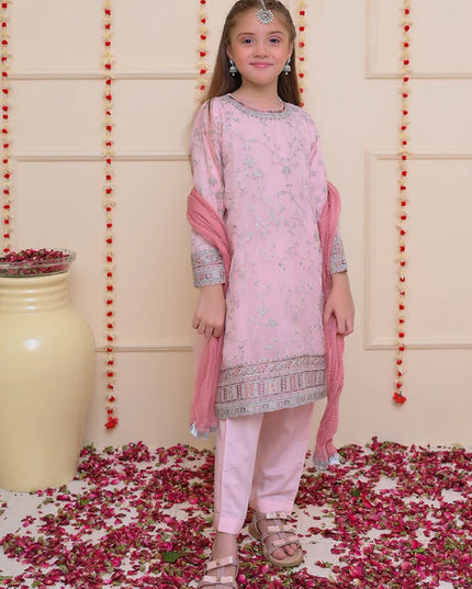 Sana | Girls Pastel Pink Organza Embroidered Suit