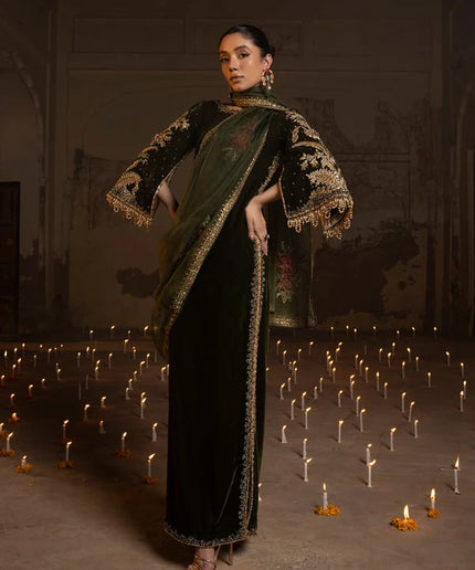 Sheerin | Mehendi Green Velvet Embellished Dress