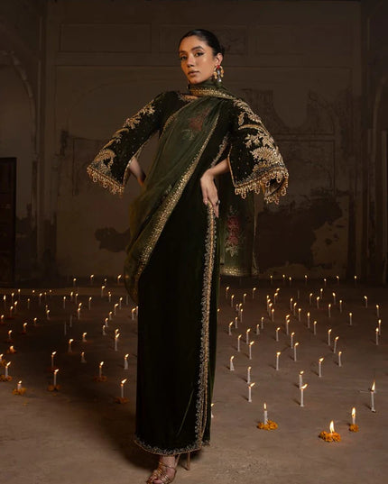 Sheerin | Mehendi Green Velvet Embellished Dress