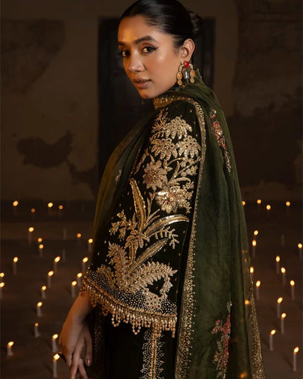Sheerin | Mehendi Green Velvet Embellished Dress