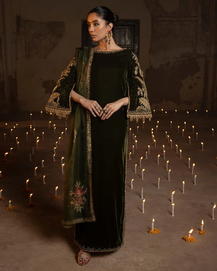 Sheerin | Mehendi Green Velvet Embellished Dress
