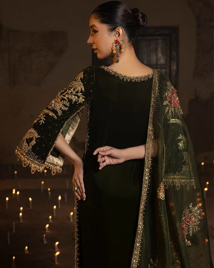 Sheerin | Mehendi Green Velvet Embellished Dress