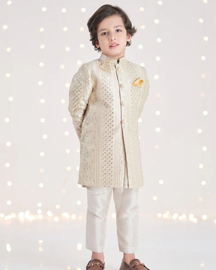 1 Piece | Boys Raw Silk Gold Sherwani