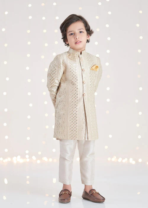 1 Piece | Boys Raw Silk Gold Sherwani