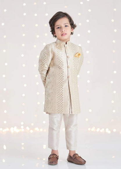 1 Piece | Boys Raw Silk Gold Sherwani