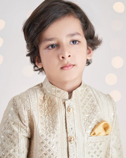 1 Piece | Boys Raw Silk Gold Sherwani