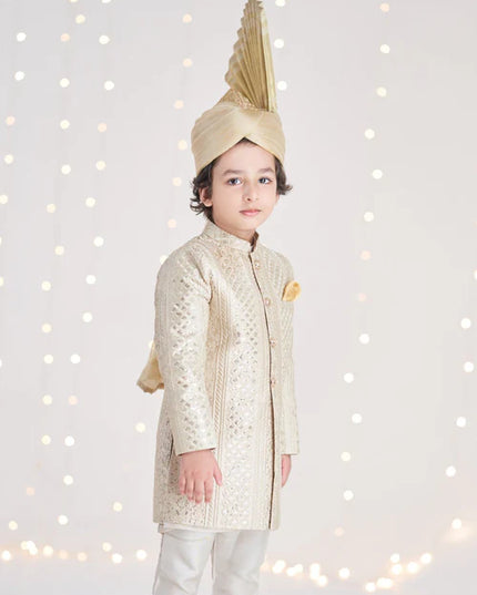 1 Piece | Boys Raw Silk Gold Sherwani