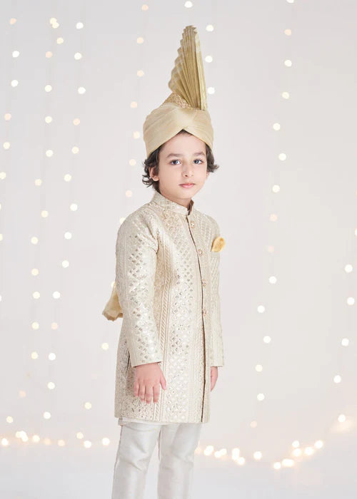 1 Piece | Boys Raw Silk Gold Sherwani