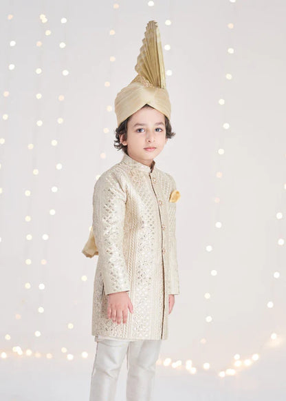1 Piece | Boys Raw Silk Gold Sherwani