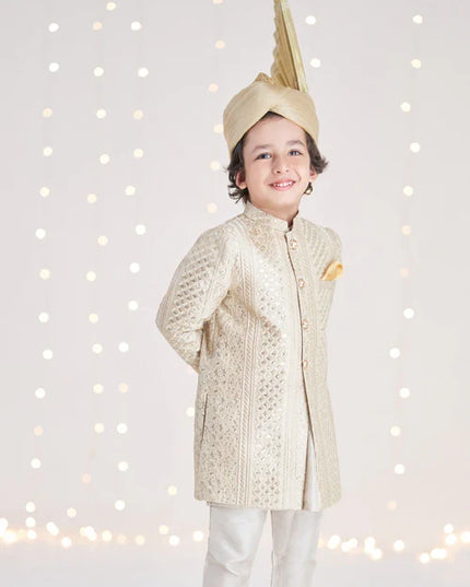 1 Piece | Boys Raw Silk Gold Sherwani