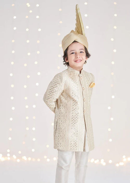 1 Piece | Boys Raw Silk Gold Sherwani