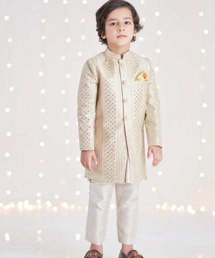 1 Piece | Boys Raw Silk Gold Sherwani