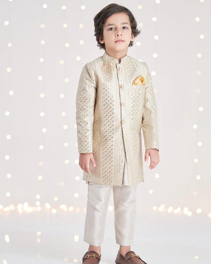 1 Piece | Boys Raw Silk Gold Sherwani