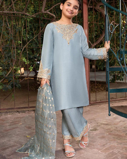 Shireen | Girls Iceblue Khaddi Silk Suit