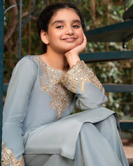 Shireen | Girls Iceblue Khaddi Silk Suit
