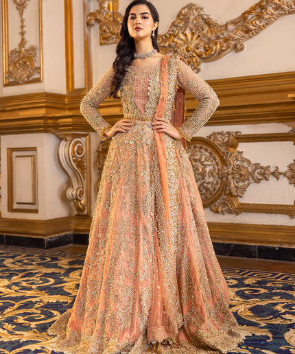 Soiree | Coral Net Embellished Flared Lehenga